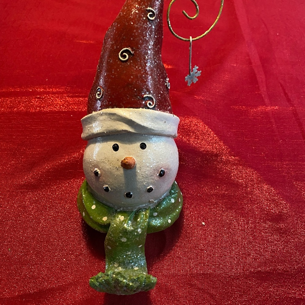 Charming Snowman Stocking Holder with Red Hat and Green Scarf.